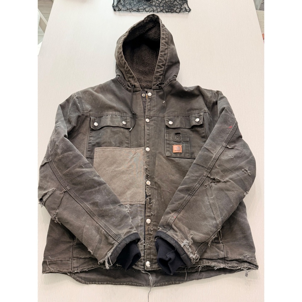 Carhartt Mens Distressed Sherpa Lined Hooded Duck Canvas Jacket Faded Black L